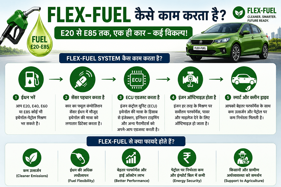 E20 vs E85 Fuel Difference Explained: Benefits and Drawbacks Infographic comparing E20 and E85 fuel, highlighting ethanol content, advantages, disadvantages and Flex-Fuel vehicle compatibility.
