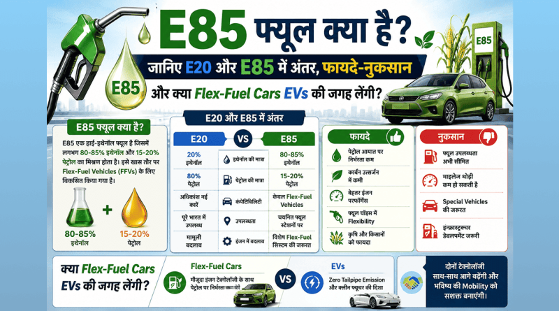 E85 फ्यूल क्या है? जानिए E20 और E85 में अंतर, फायदे-नुकसान और क्या Flex-Fuel Cars EVs की जगह लेंगी? 1 Infographic comparing E20 and E85 fuel, highlighting ethanol content, advantages, disadvantages and Flex-Fuel vehicle compatibility.