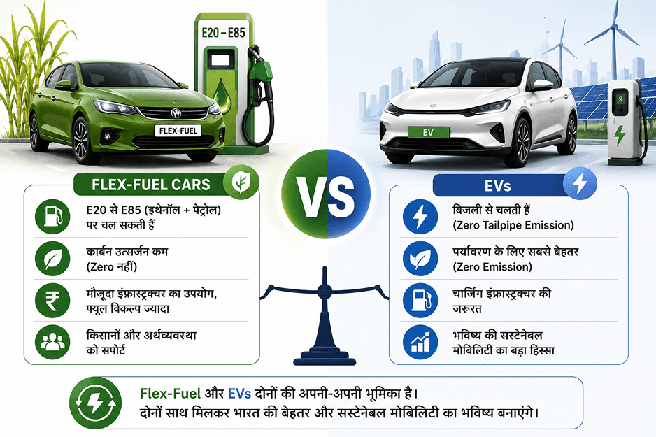 E85 फ्यूल क्या है? जानिए E20 और E85 में अंतर, फायदे-नुकसान और क्या Flex-Fuel Cars EVs की जगह लेंगी? 3 Comparison infographic showing differences between Flex-Fuel cars and electric vehicles in terms of emissions, infrastructure and sustainability.