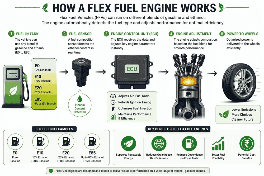 How a Flex Fuel Engine Works – Fuel Detection to Engine Adjustment Explained Diagram showing how a Flex Fuel Engine works, including fuel tank, ethanol sensor, ECU, engine adjustment, and power delivery in a Flex Fuel Vehicle (FFV).